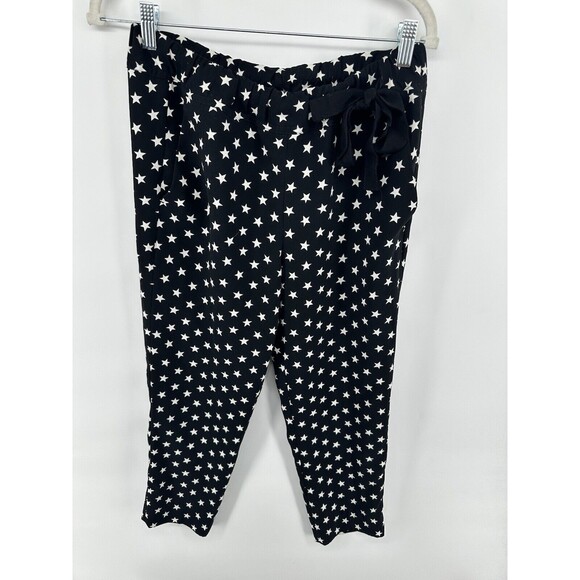 J. Crew Womens Star Print Crepe Pants Tie Waist Tapered Black White Size 6p - Picture 2 of 3